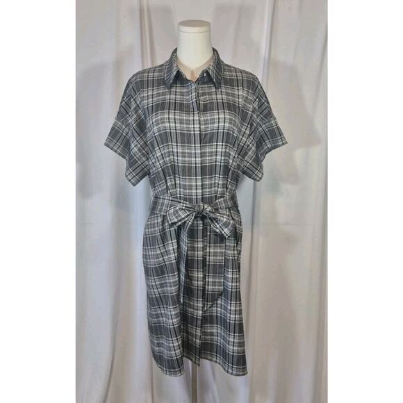 Alice + Olivia Lucette Gray Black Plaid Belted Shirt Dress Large - Picture 3 of 12